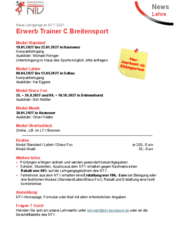 Lizenzerwerb Trainer C Breitensport im kommenden Jahr